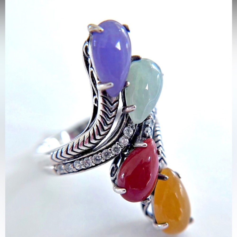 Jade of Yesteryear Colors of Jade and CZ Sterling Silver Bypass Ring